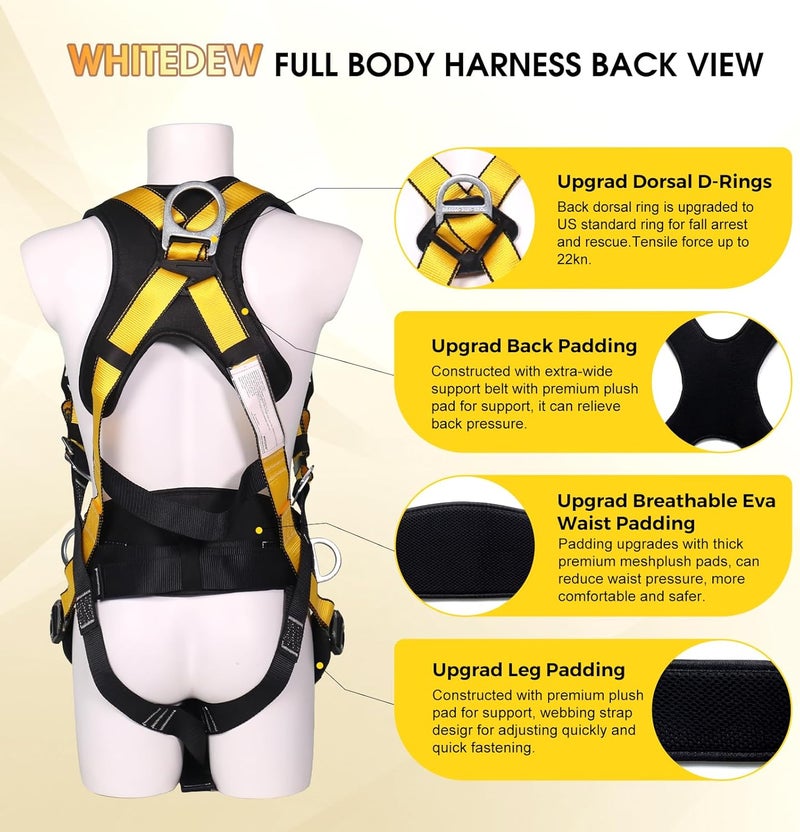 Whitedew Fall Protection Premium Safety Harness with Shock Absorbing Lanyard, Vented & Padded Shoulder, Legs & Back - Upgrade 4 Quick Buckles (Yellow) - Image 3